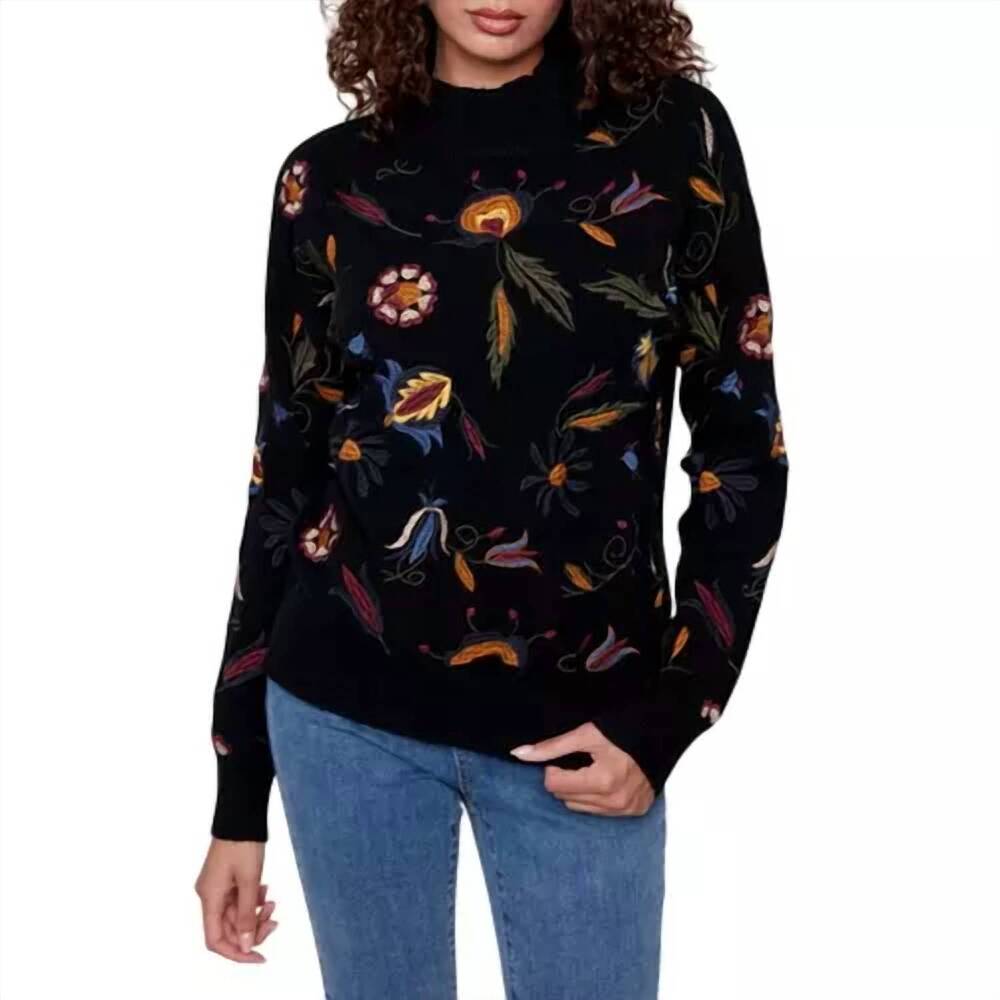 NEW CHARLIE B embroidered mock neck pullover sweater in black